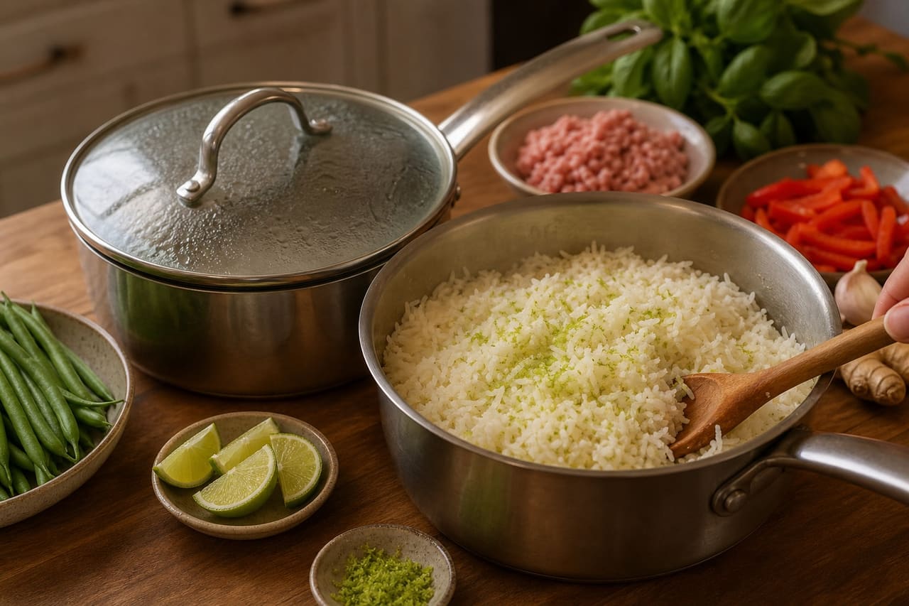 Fragrant Turkey Basil Rice Bowls with Green Beans cooking step 2: Cook the lime rice.