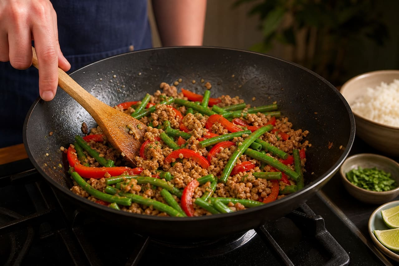 Fragrant Turkey Basil Rice Bowls with Green Beans cooking step 4: Stir-fry the vegetables.