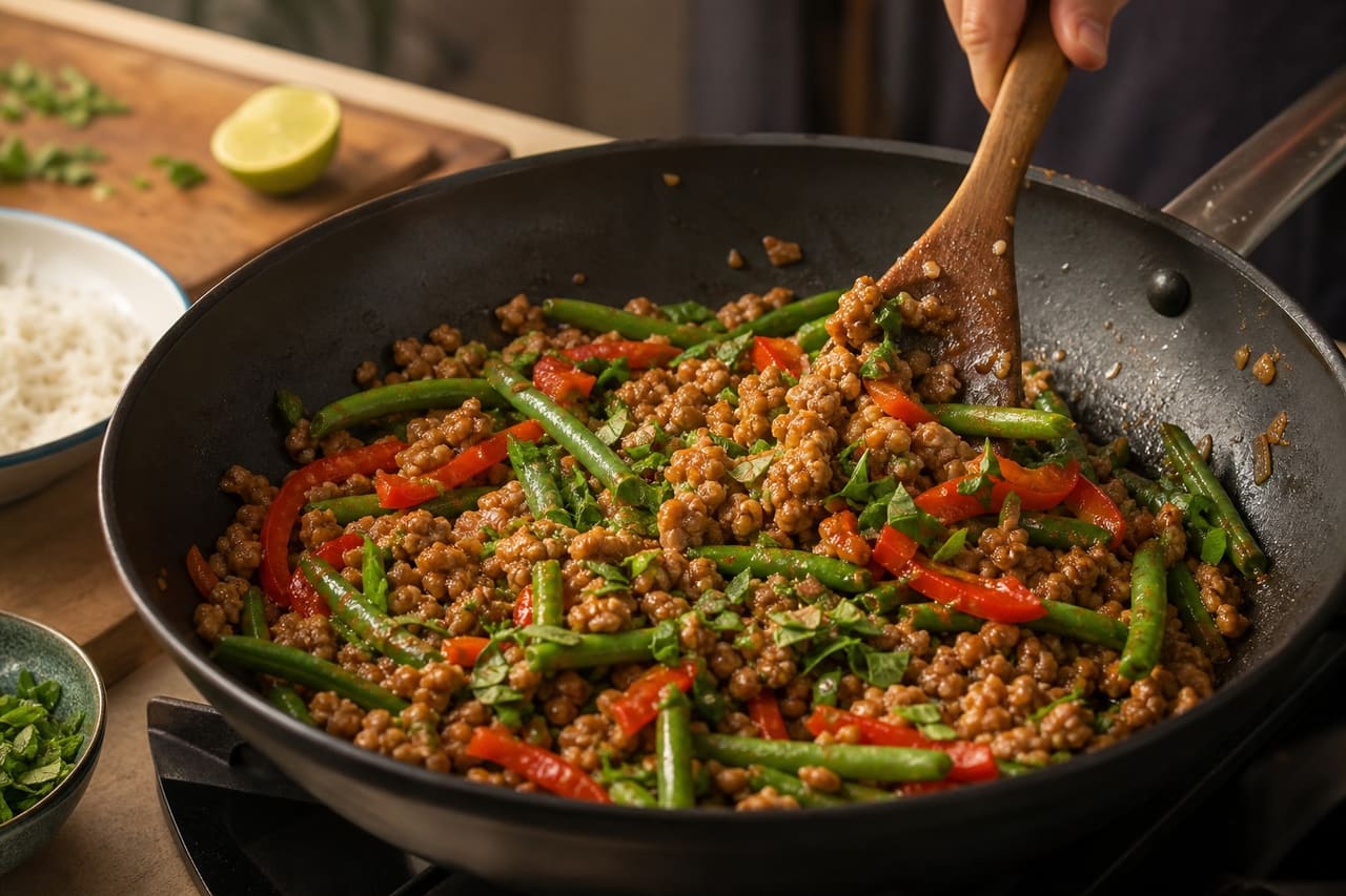Fragrant Turkey Basil Rice Bowls with Green Beans cooking step 5: Glaze with basil.