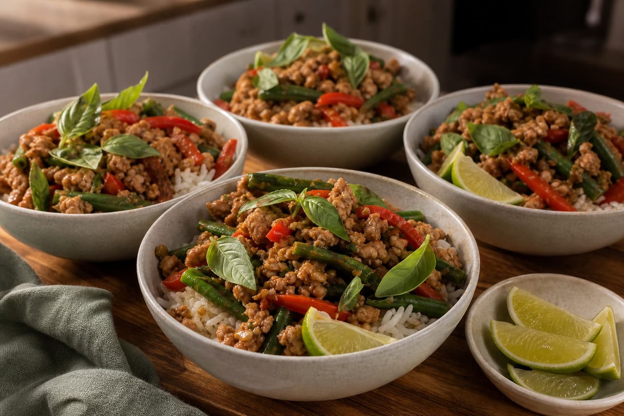 Fragrant Turkey Basil Rice Bowls with Green Beans cooking step 6: Fill the bowls.