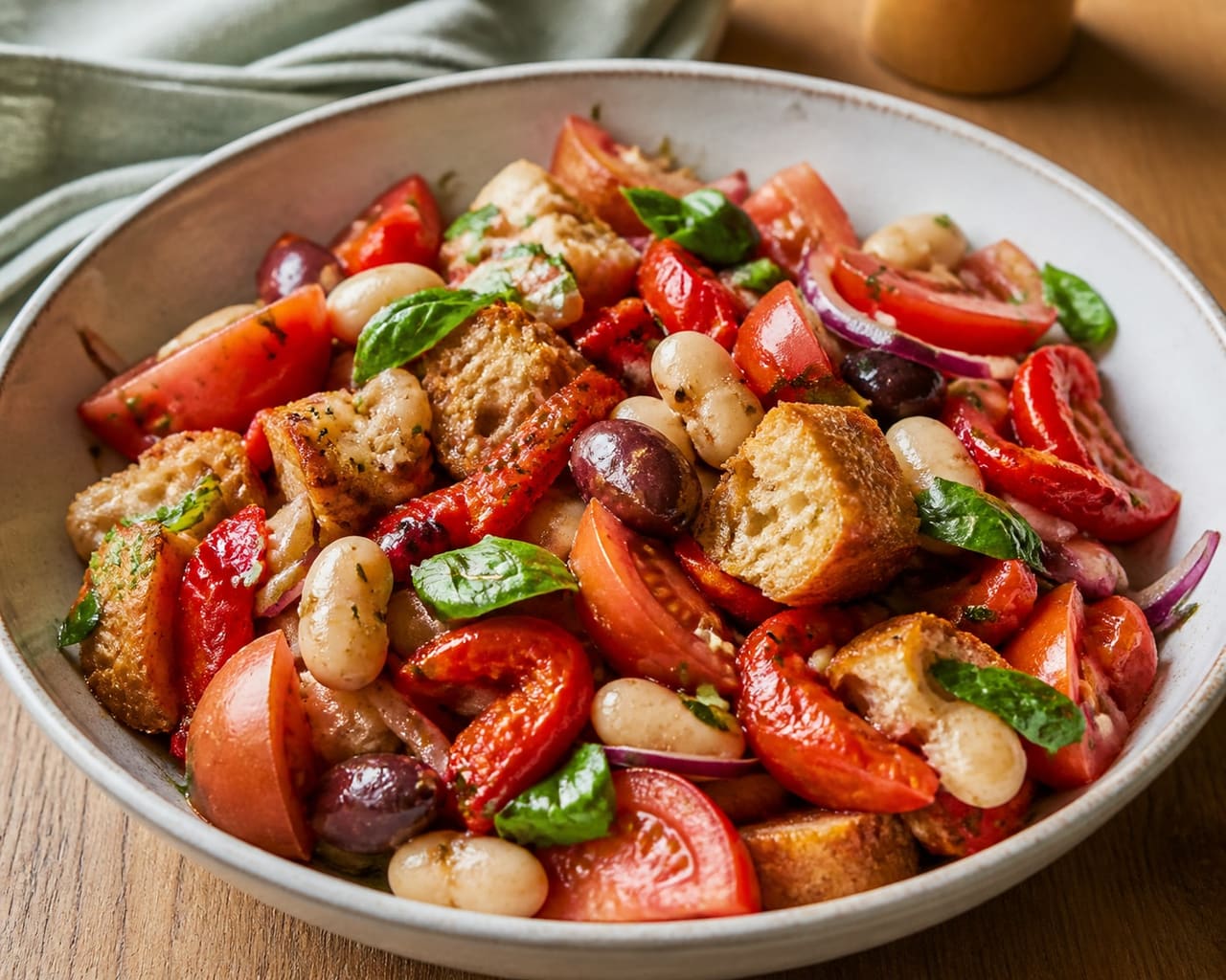 Juicy Tomato Butter Bean Panzanella with Basil and Roasted Peppers.