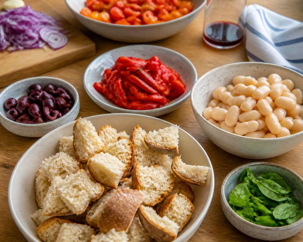 Juicy Tomato Butter Bean Panzanella with Basil and Roasted Peppers cooking step 3: Prepare the salad.