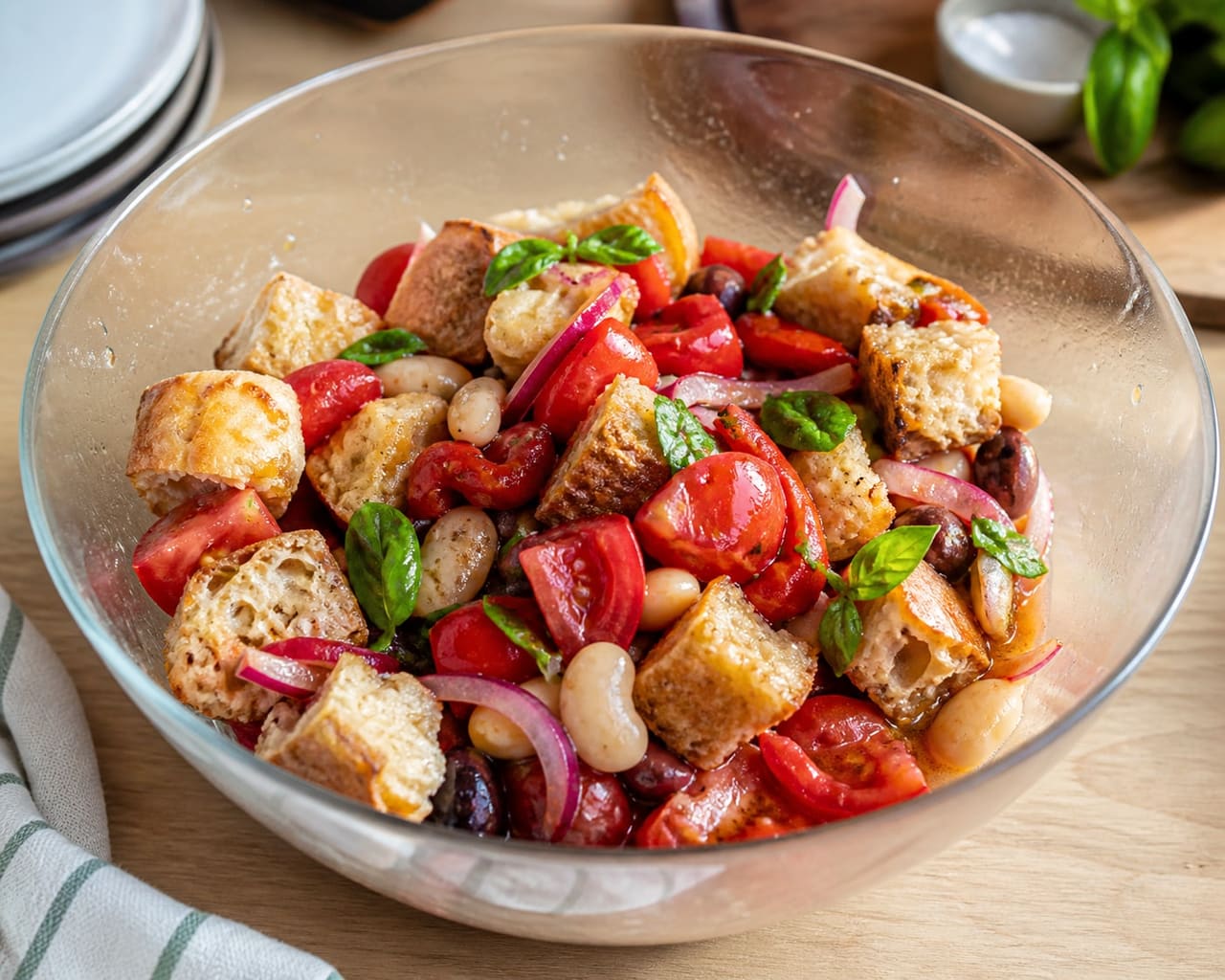 Juicy Tomato Butter Bean Panzanella with Basil and Roasted Peppers cooking step 4: Dress and rest.