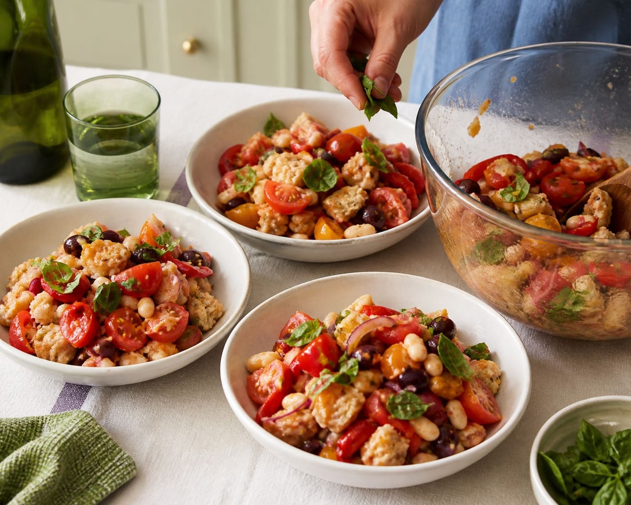 Juicy Tomato Butter Bean Panzanella with Basil and Roasted Peppers cooking step 5: Finish with basil.