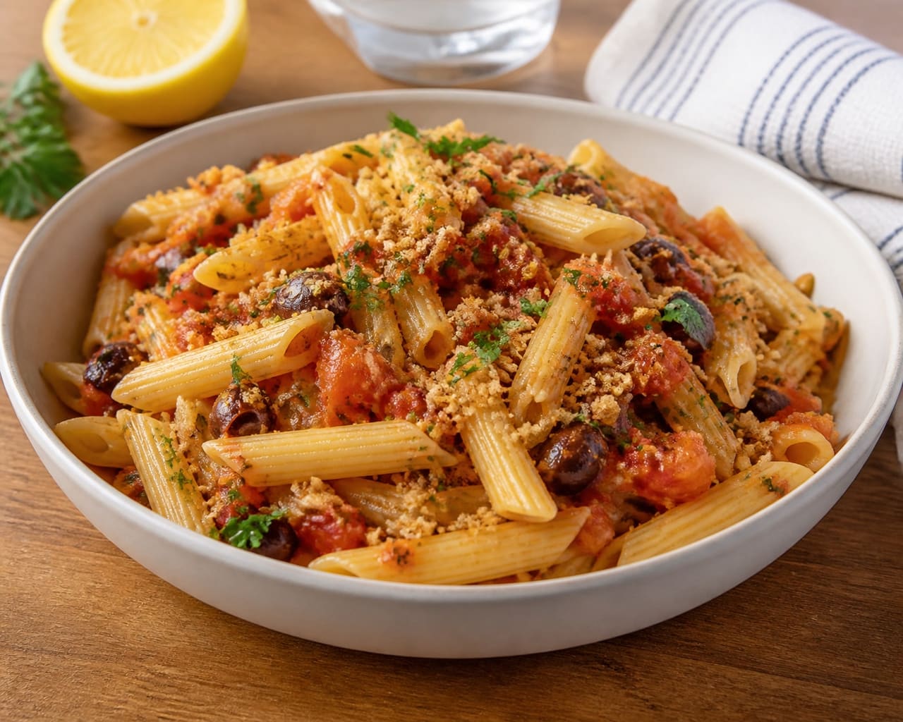 Tomato Olive Penne with Crispy Lemon Crumbs.