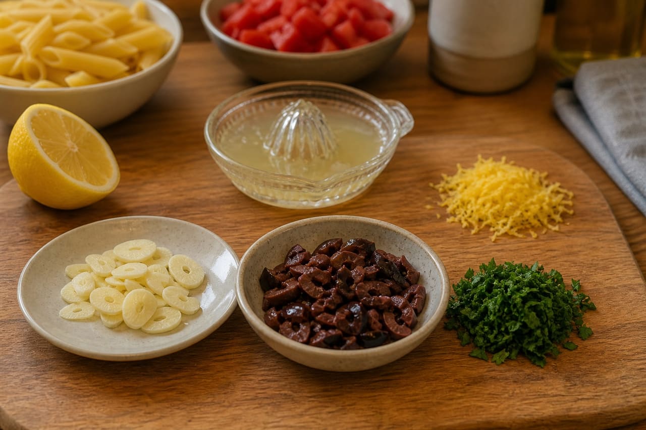 Tomato Olive Penne with Crispy Lemon Crumbs cooking step 1: Prepare the flavourings.