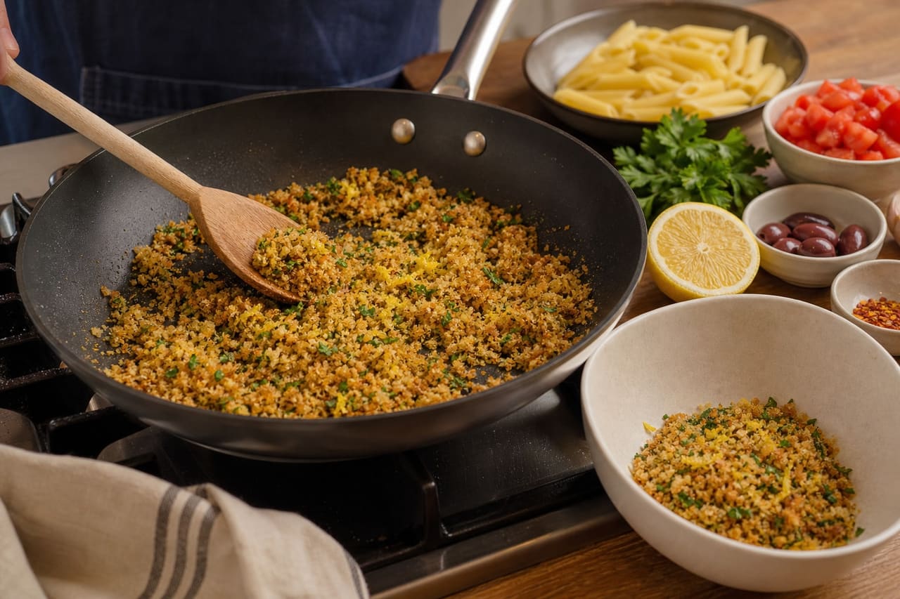 Tomato Olive Penne with Crispy Lemon Crumbs cooking step 2: Toast the lemon crumbs.
