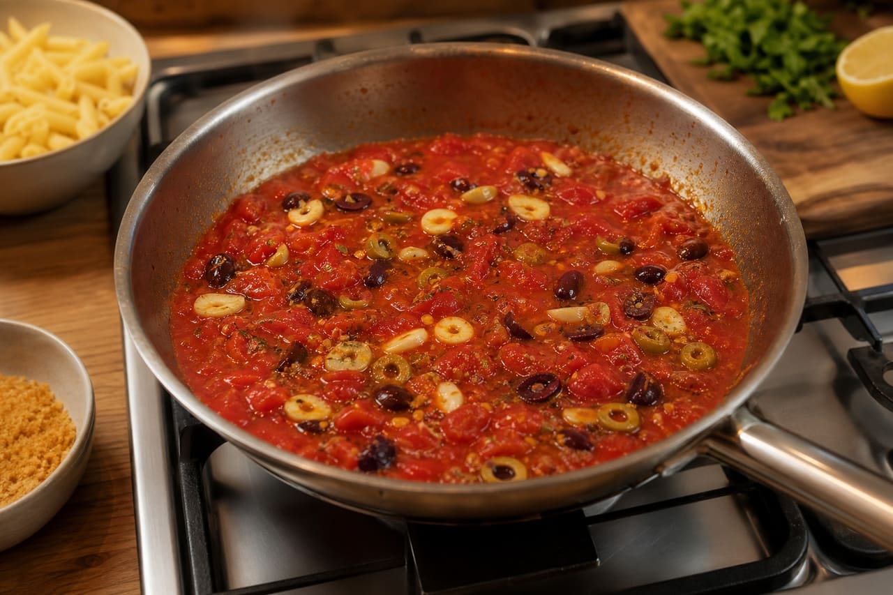 Tomato Olive Penne with Crispy Lemon Crumbs cooking step 3: Start the tomato sauce.