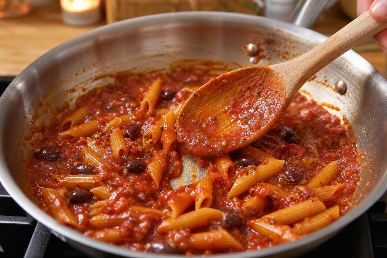 Tomato Olive Penne with Crispy Lemon Crumbs cooking step 4: Simmer until glossy.
