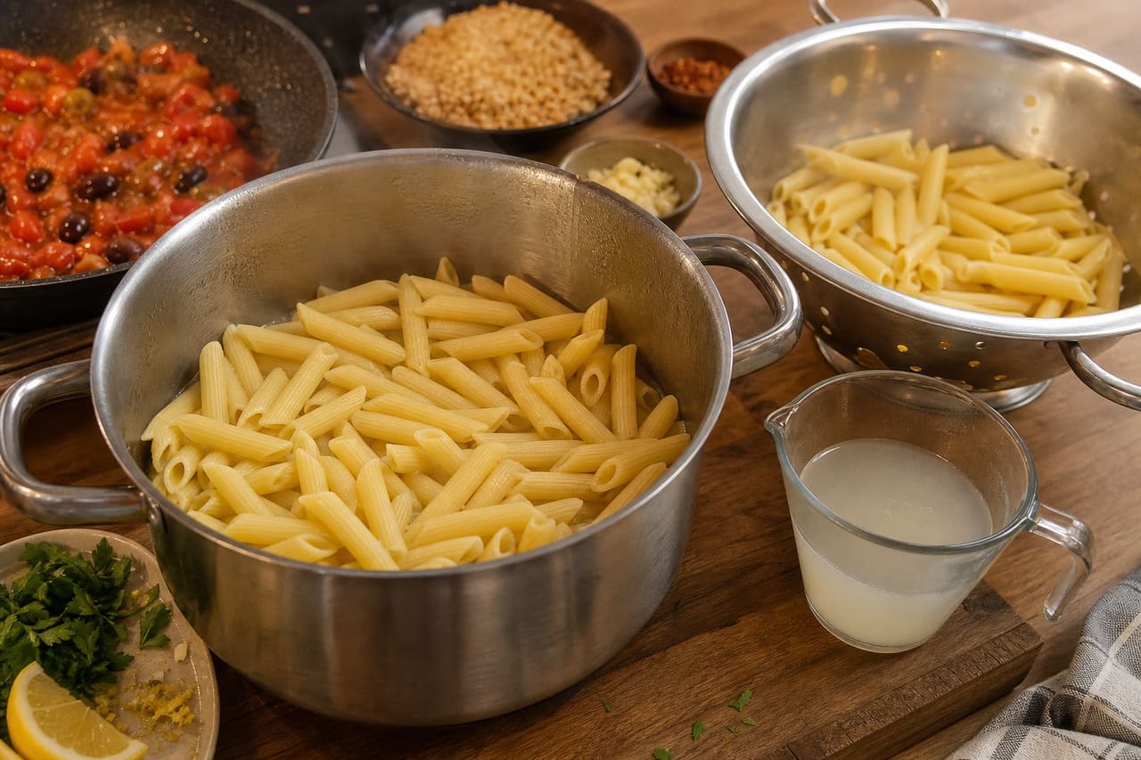 Tomato Olive Penne with Crispy Lemon Crumbs cooking step 5: Cook the penne pasta.