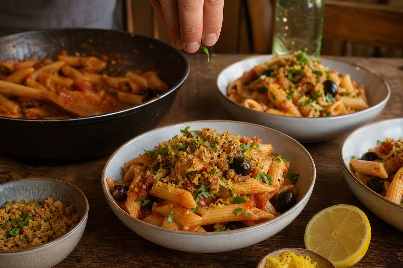 Tomato Olive Penne with Crispy Lemon Crumbs cooking step 6: Toss and finish.