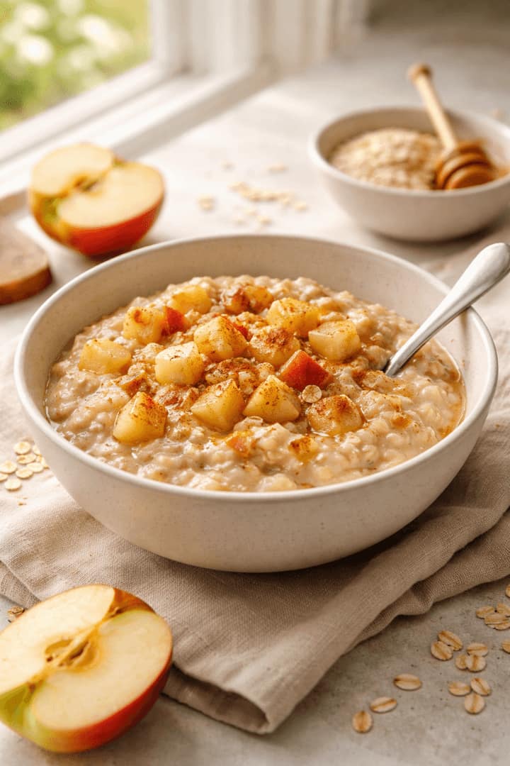 Fruit-topped oats with milk and berries.