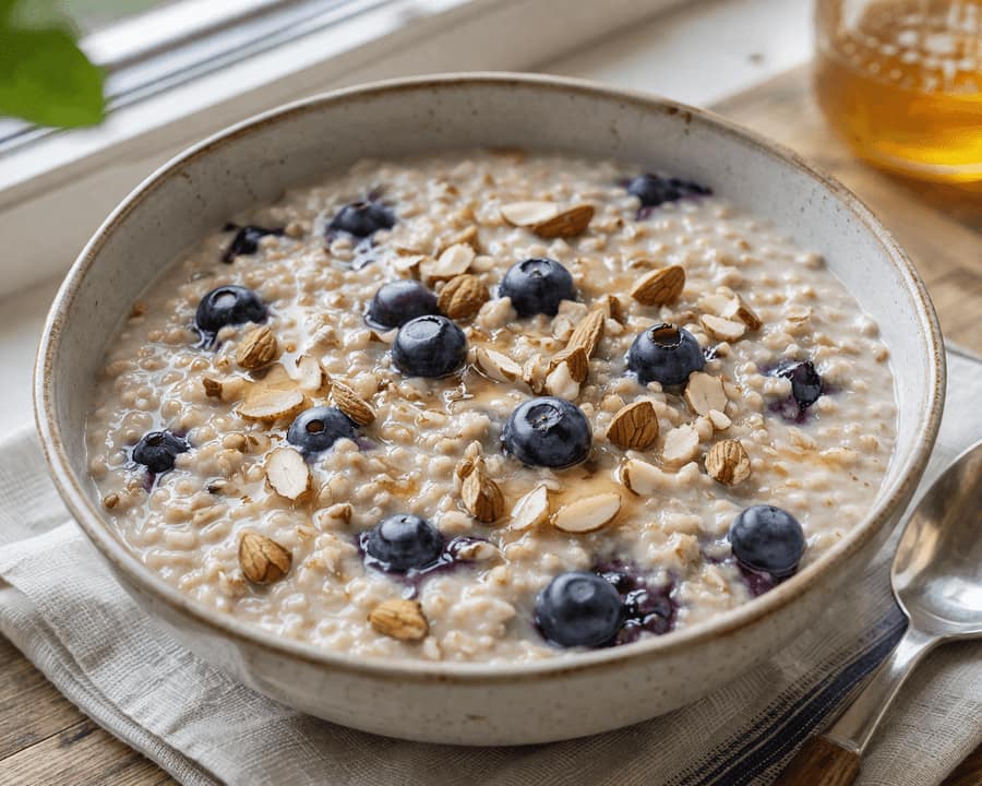 Blueberry Almond Porridge plated and ready to serve.