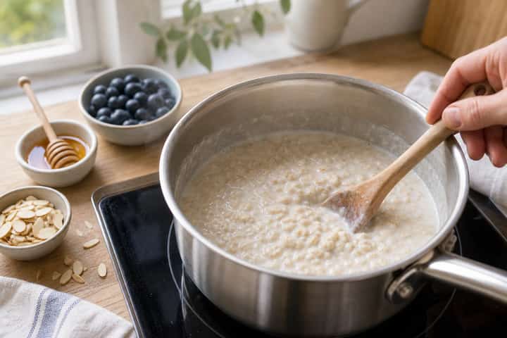 Blueberry Almond Porridge cooking step 3: Build the flavour.