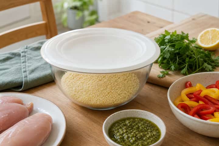 Chicken Pesto Couscous Boxes cooking step 1: Get prepped.