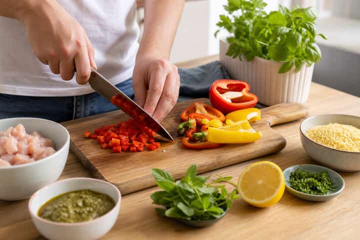 Chicken Pesto Couscous Boxes cooking step 2: Start cooking.