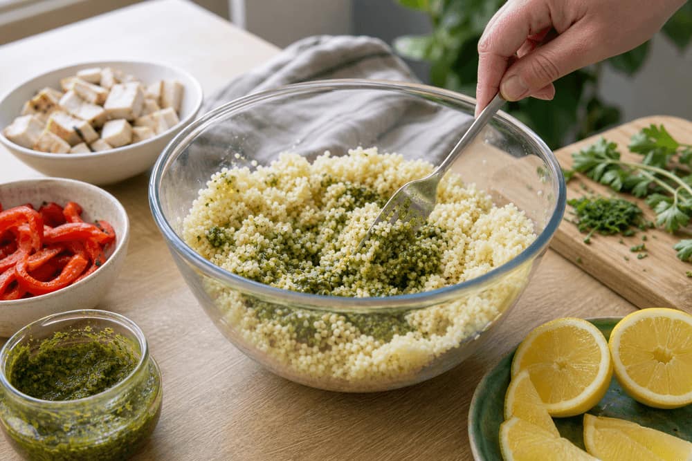 Chicken Pesto Couscous Boxes cooking step 4: Bring it together.