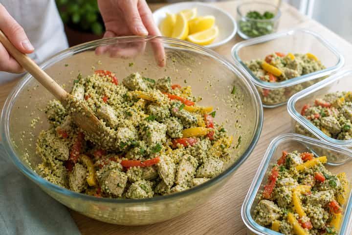 Chicken Pesto Couscous Boxes cooking step 5: Finish the dish.
