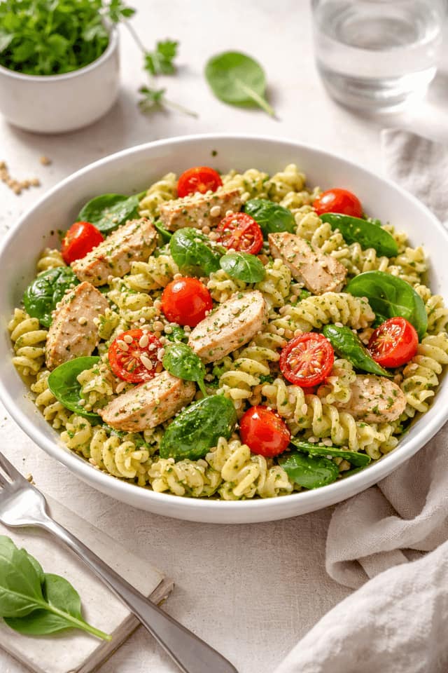 Chicken Pesto Pasta Salad plated and ready to serve.