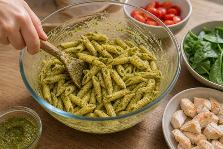 Chicken Pesto Pasta Salad cooking step 4: Bring it together.