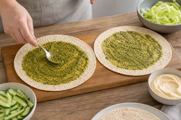 Chicken Pesto Wraps cooking step 4: Bring it together.