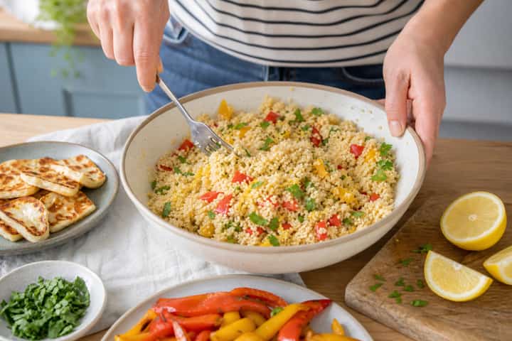 Halloumi Pepper Couscous Boxes cooking step 4: Bring it together.