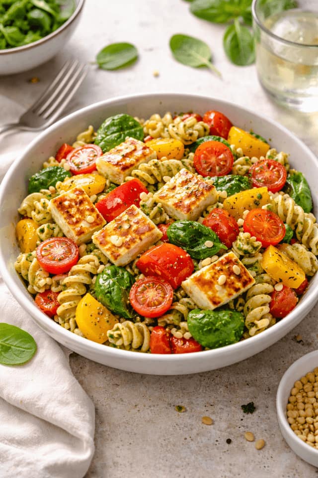 Halloumi Pepper Pasta Salad plated and ready to serve.