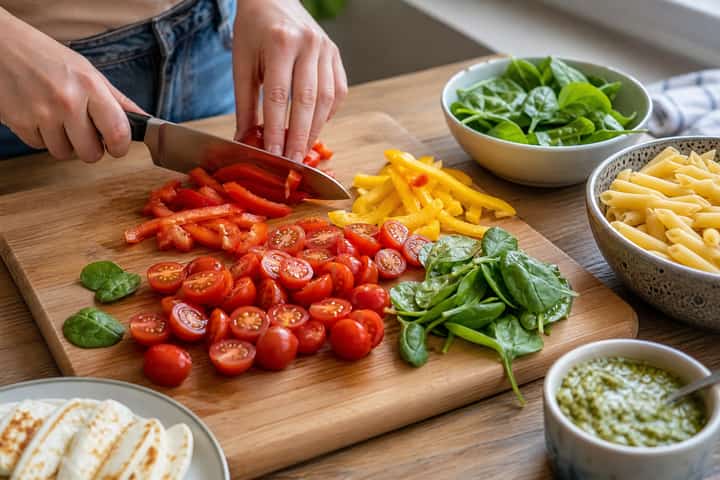 Halloumi Pepper Pasta Salad cooking step 2: Start cooking.