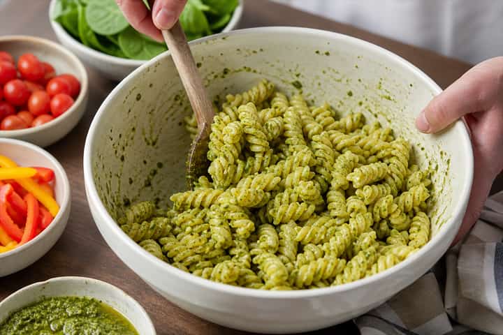 Halloumi Pepper Pasta Salad cooking step 4: Bring it together.