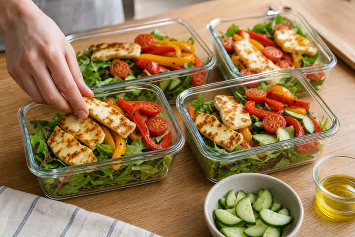 Halloumi Pepper Salad Boxes cooking step 4: Bring it together.