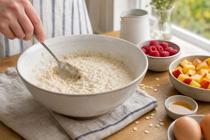 Raspberry Peach Baked Oats cooking step 3: Build the flavour.