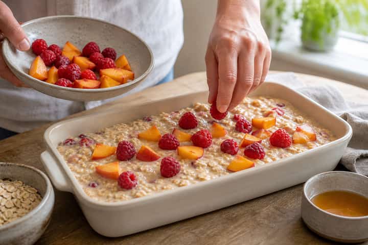 Raspberry Peach Baked Oats cooking step 4: Bring it together.