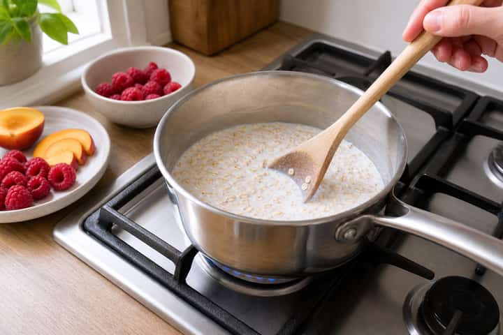 Raspberry Peach Porridge cooking step 2: Start cooking.