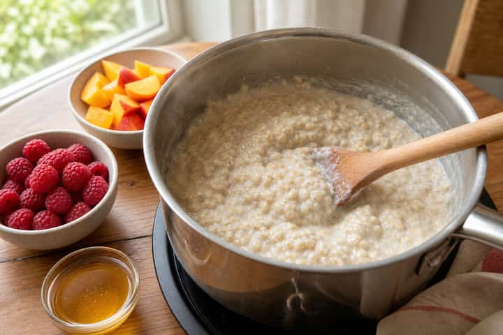 Raspberry Peach Porridge cooking step 3: Build the flavour.