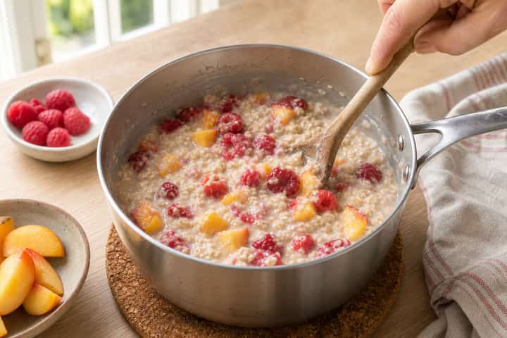 Raspberry Peach Porridge cooking step 4: Bring it together.