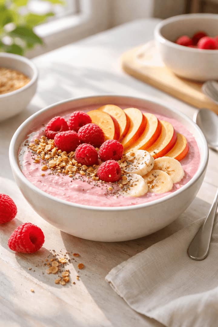 Fruit, yoghurt and granola breakfast bowl.