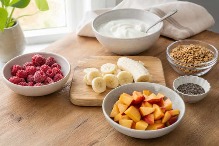 Raspberry Peach Smoothie Bowls cooking step 1: Get prepped.