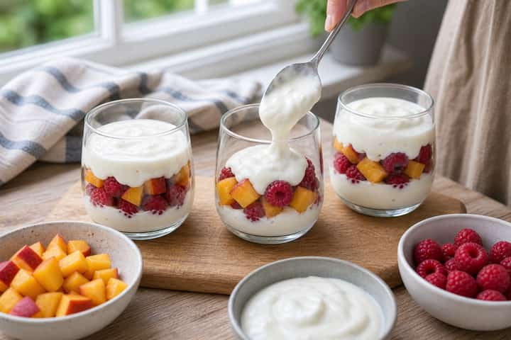 Raspberry Peach Yogurt Pots cooking step 3: Build the flavour.
