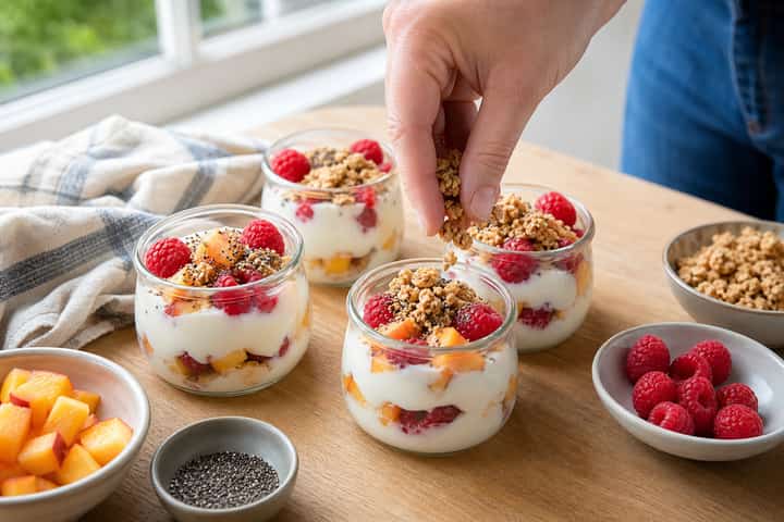 Raspberry Peach Yogurt Pots cooking step 4: Bring it together.