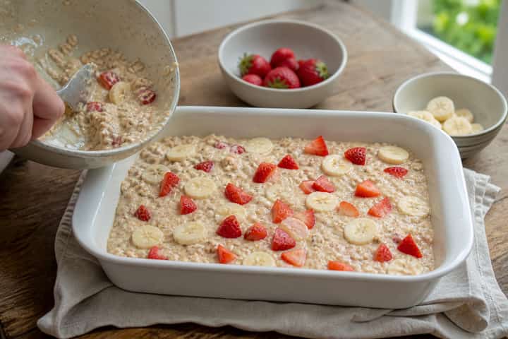 Strawberry Banana Baked Oats cooking step 4: Bring it together.