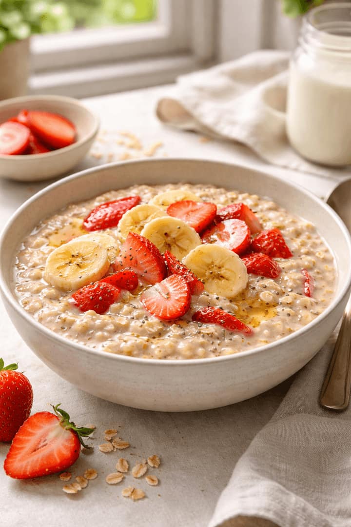 Strawberry Banana Porridge plated and ready to serve.
