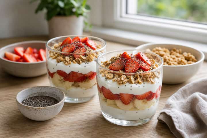 Strawberry Banana Yogurt Pots cooking step 4: Bring it together.