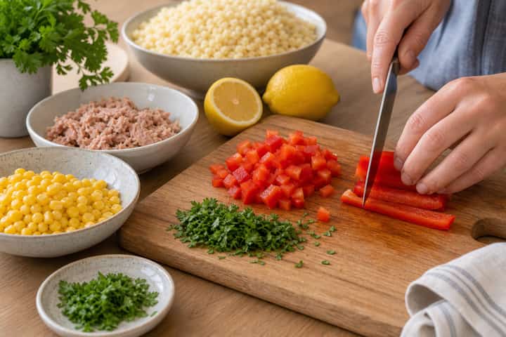 Tuna Sweetcorn Couscous Boxes cooking step 2: Start cooking.