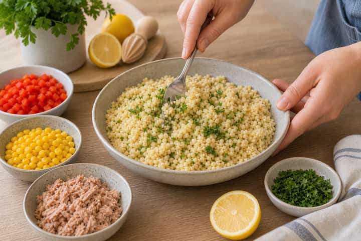 Tuna Sweetcorn Couscous Boxes cooking step 4: Bring it together.