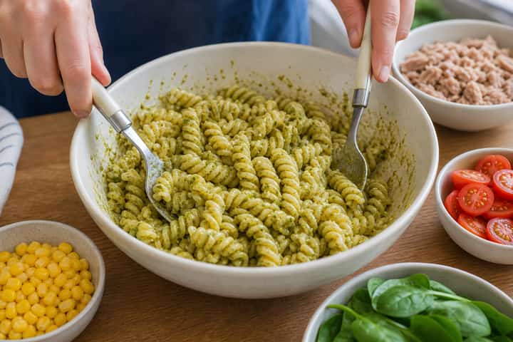 Tuna Sweetcorn Pasta Salad cooking step 4: Bring it together.