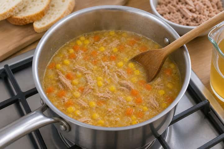 Tuna Sweetcorn Soup Pots cooking step 4: Bring it together.