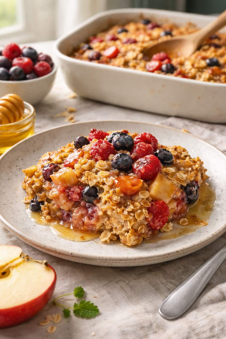 Apple Berry Baked Oats plated and ready to serve.