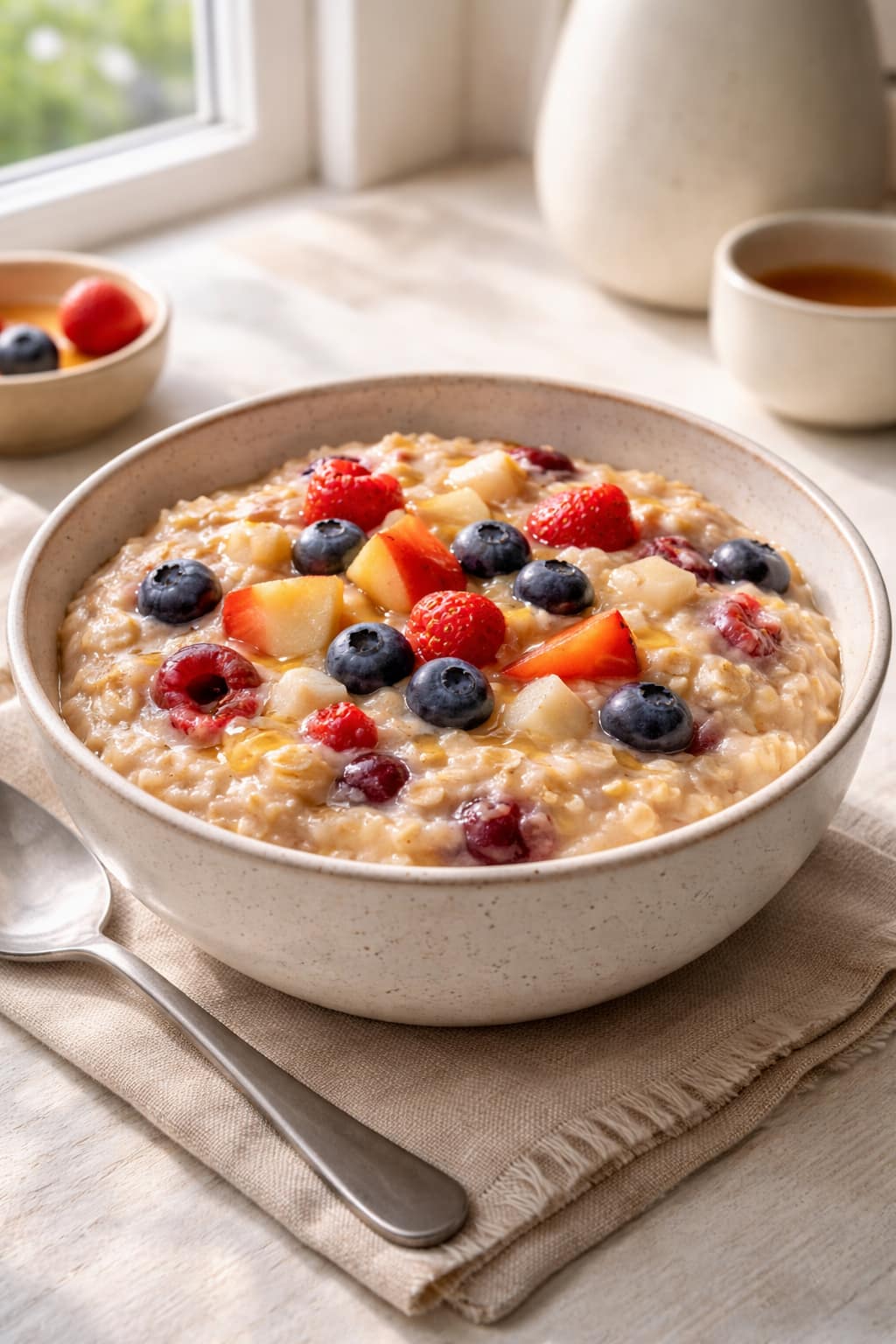 Apple Berry Porridge plated and ready to serve.