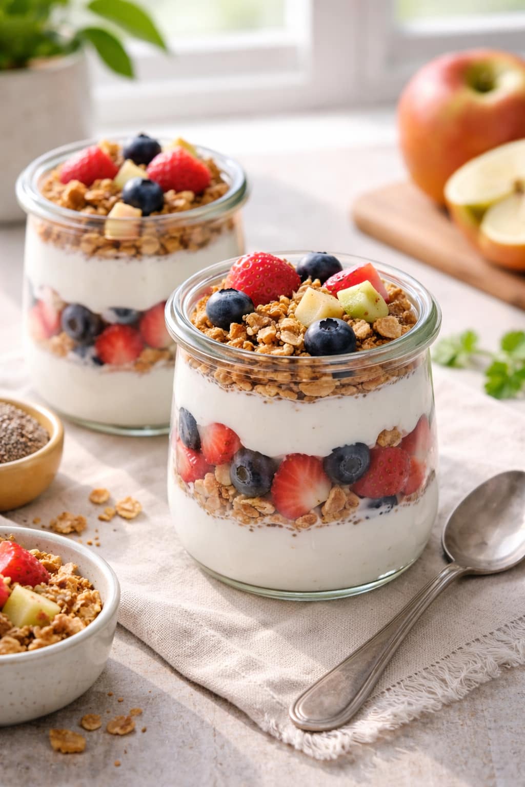 Fruit, yoghurt and granola breakfast bowl.