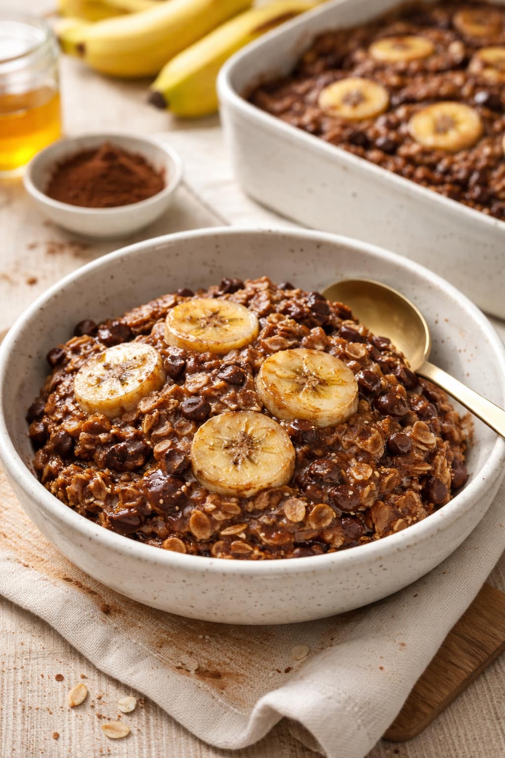 Banana Cacao Baked Oats plated and ready to serve.